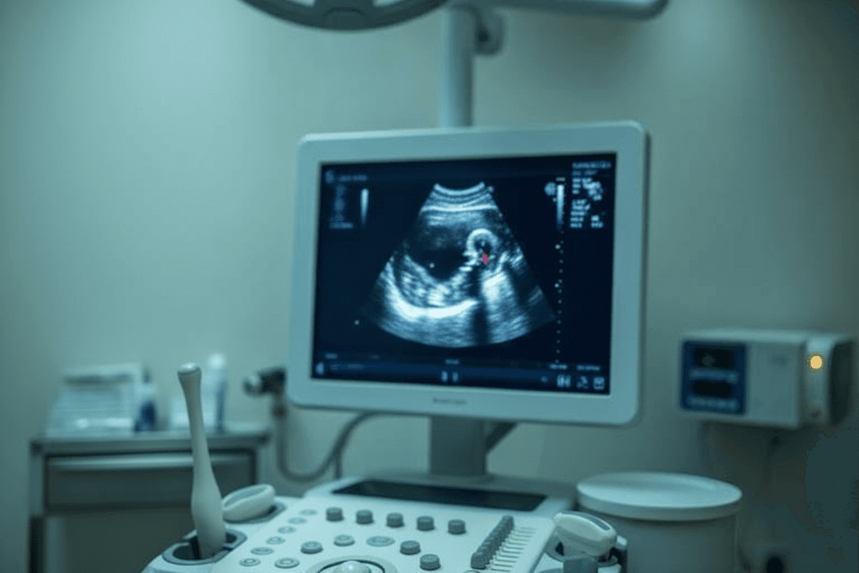 Estudio de ecocardiograma con transductor y pantalla de ultrasonido